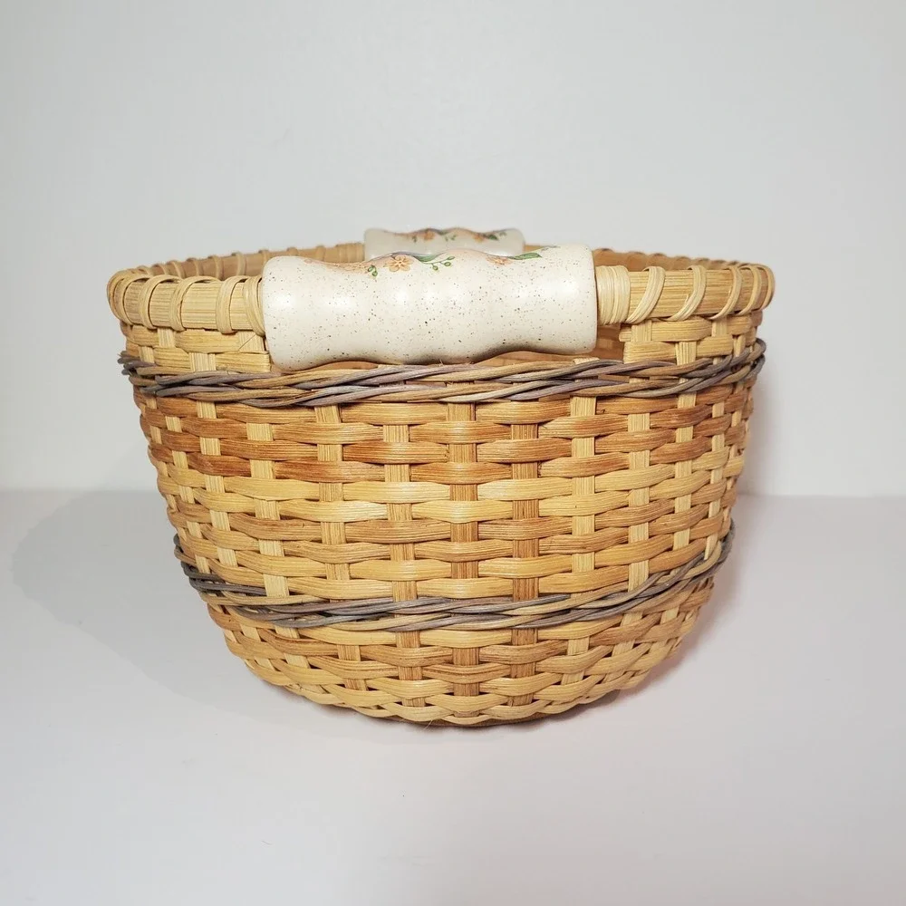 Signed‎ Artisan Woven Splint Bread Basket Wood Base Floral Porcelain Handles